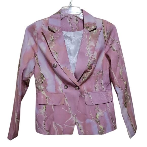 Stylish Pink Multicolored Marble Print LongSleeve Blazer Fully Lined Sz Small - Picture 4 of 6